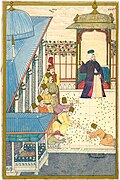 Ottoman miniature painting from the Surname, showing the Fourth Court with the Sultan throwing golden coins.